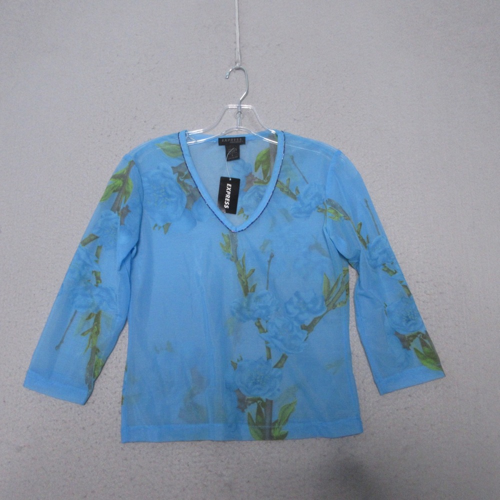 Vintage Express Top S Blue Floral Mesh Beaded Sheer Y2K 90s Fairy Boho USA NWT